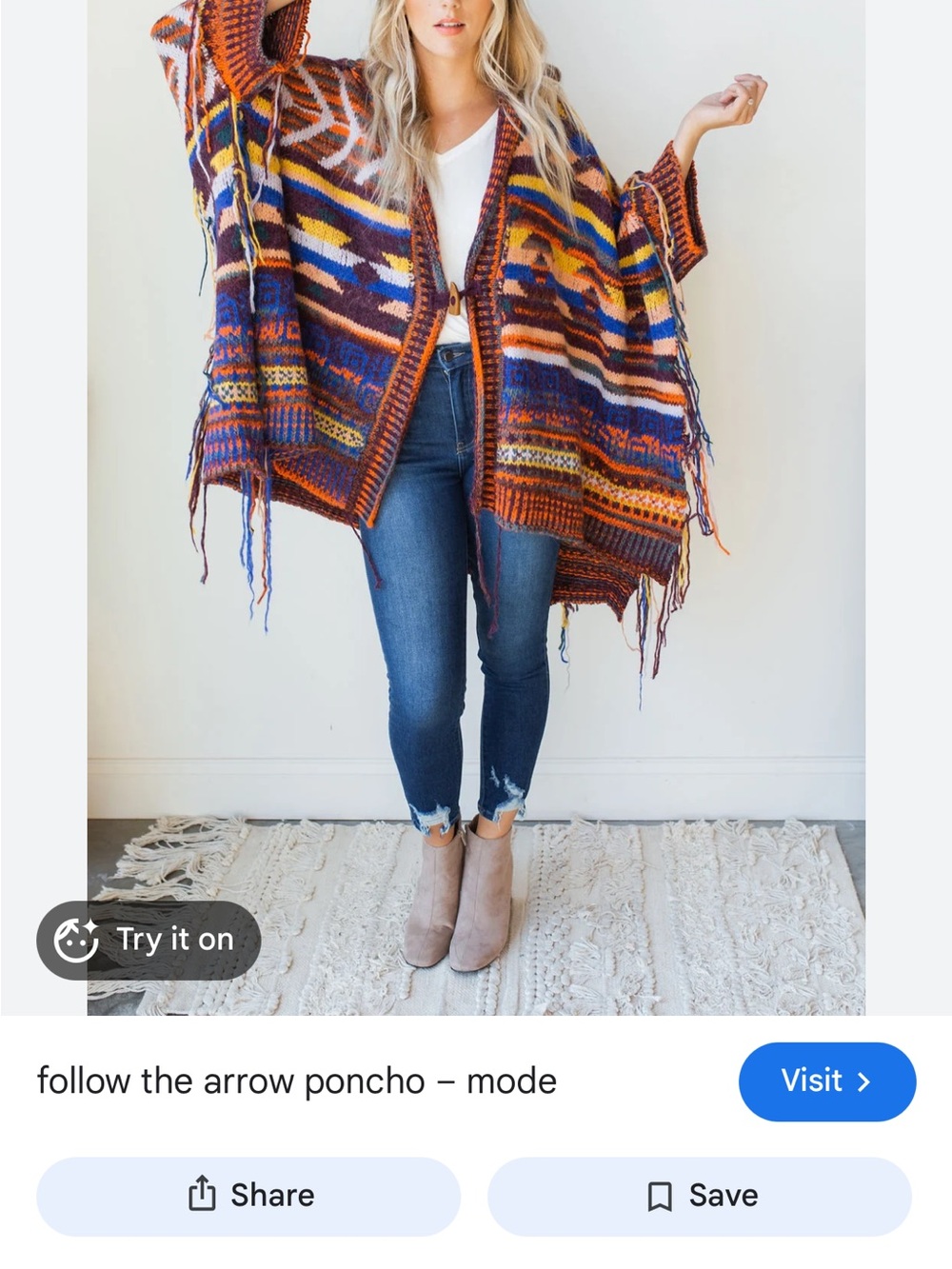 Free People Boho Fringe Poncho in Blue & Brown -